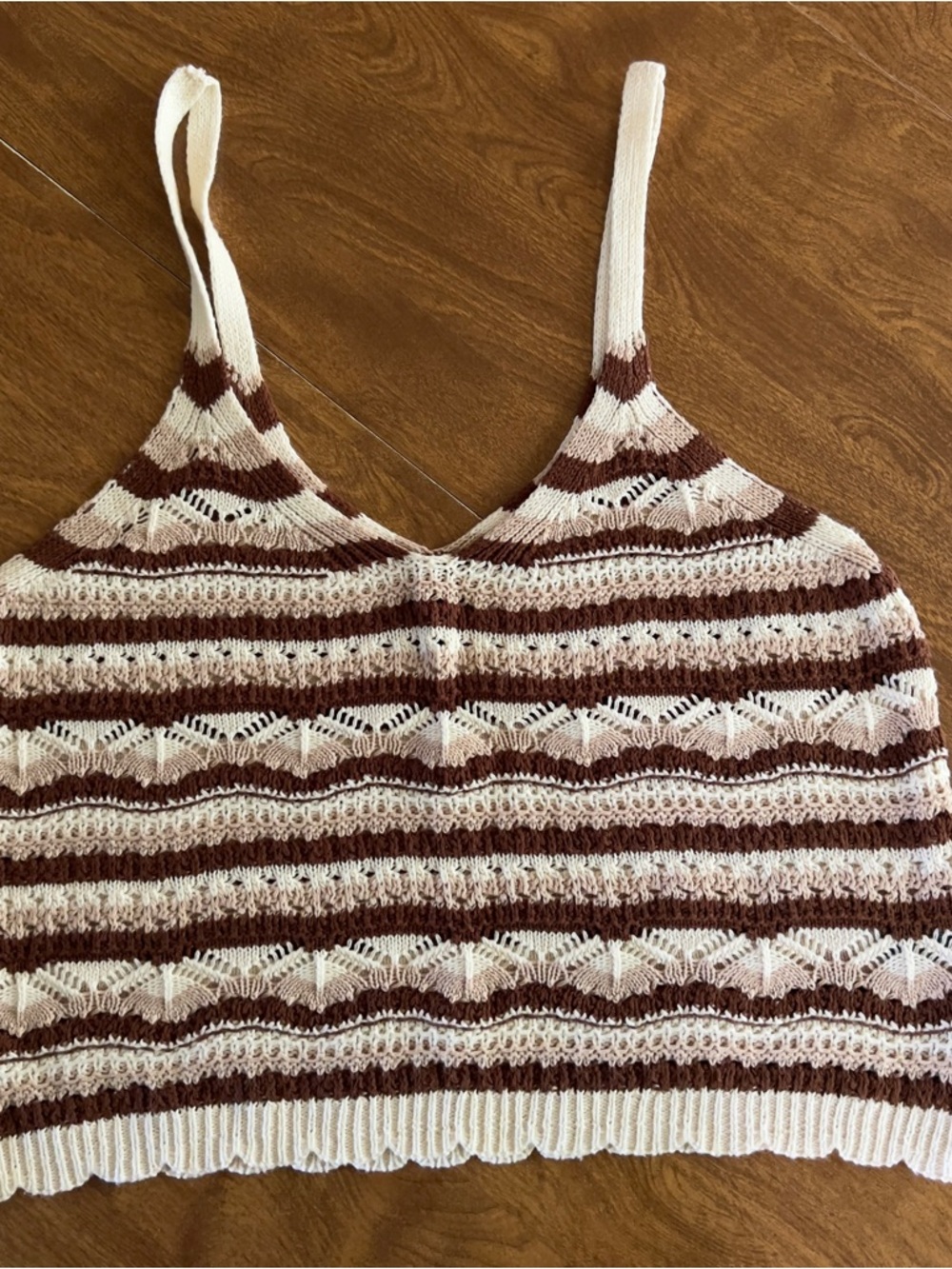 Women’s Brown Cream Cotton Blend Crochet stripped Tank Crop Top Junior Size L